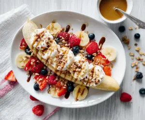 Delicious Breakfast Banana Split with fresh fruit, yogurt, and granola in a colorful bowl.