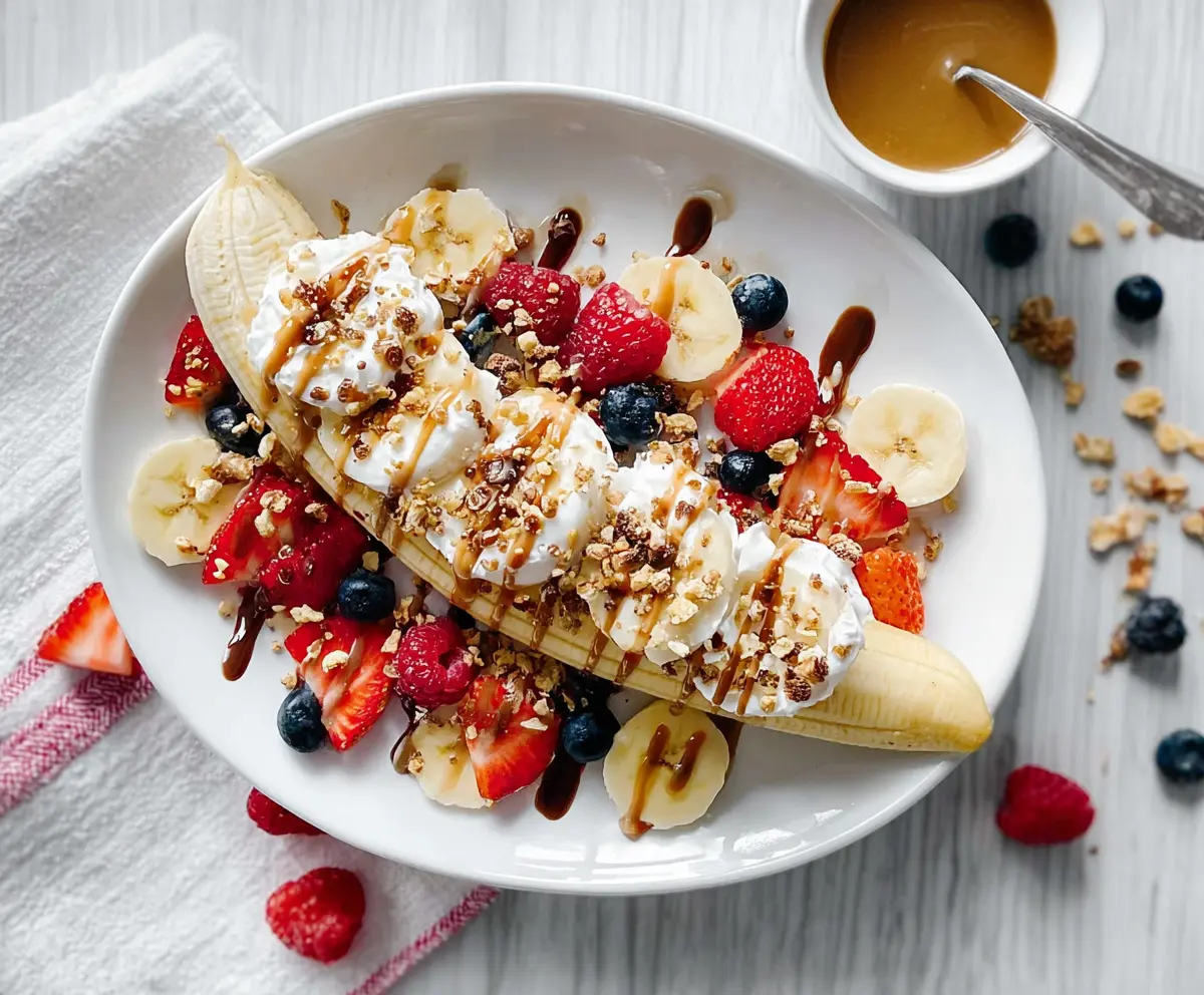 Delicious Breakfast Banana Split with fresh fruit, yogurt, and granola in a colorful bowl.