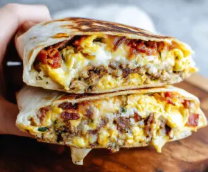 Delicious Breakfast Crunchwrap filled with eggs, cheese, and crispy bacon served on a plate.