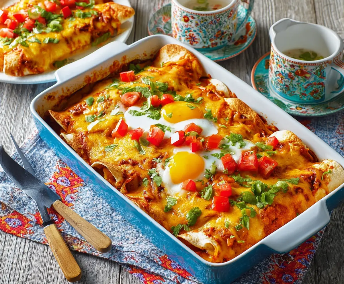 Delicious breakfast enchiladas with melted cheese, eggs, and fresh toppings on a plate.