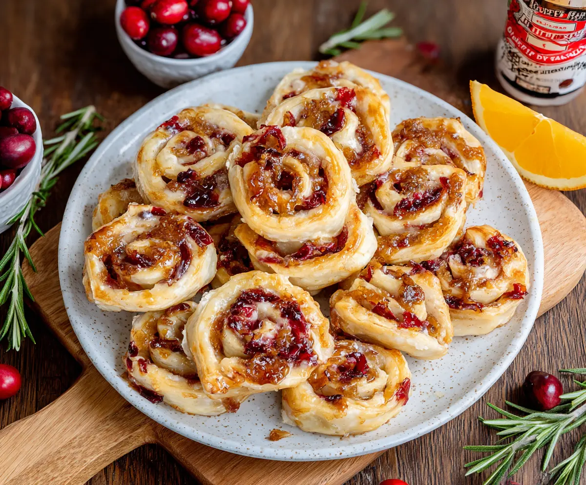 Delicious Brie and Cranberry Pinwheels sliced open to reveal creamy cheese and sweet cranberry filling