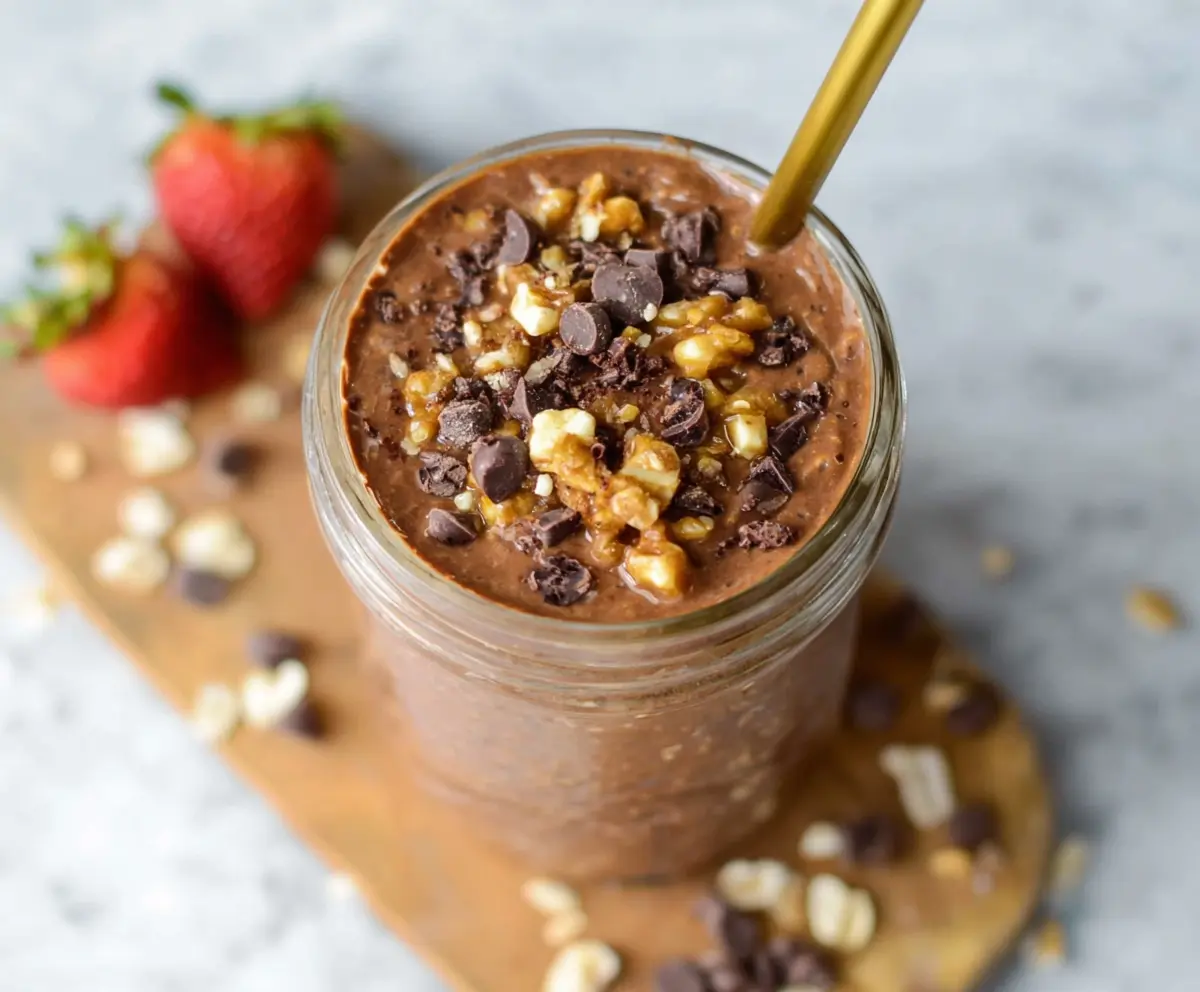 Creamy brownie batter overnight oats in a glass jar with chocolate topping