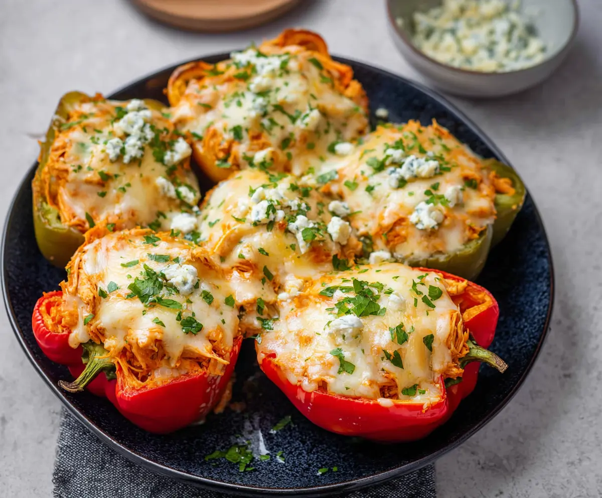 Delicious buffalo chicken stuffed peppers topped with melted cheese and fresh herbs.