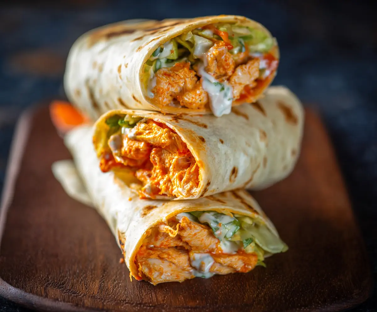 Delicious buffalo chicken wrap with fresh lettuce and creamy sauce, perfect for a quick lunch or dinner.