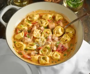 Delicious Cajun chicken tortellini with creamy sauce and vibrant spices ready to serve.