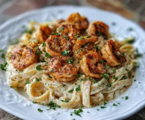 Creamy Cajun Shrimp Alfredo with seasoned shrimp and fettuccine pasta on a plate