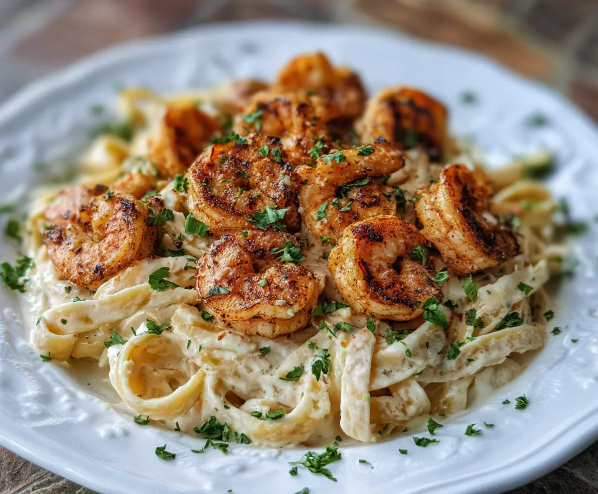 Creamy Cajun Shrimp Alfredo with seasoned shrimp and fettuccine pasta on a plate