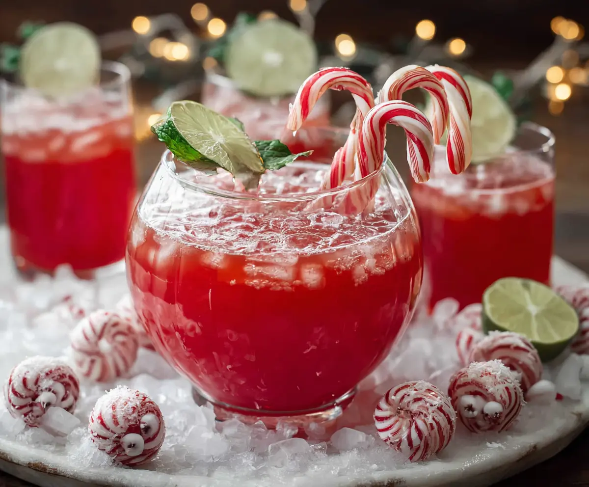 Festive Candy Cane Punch Mocktail garnished with peppermint and candy canes for holiday celebration.