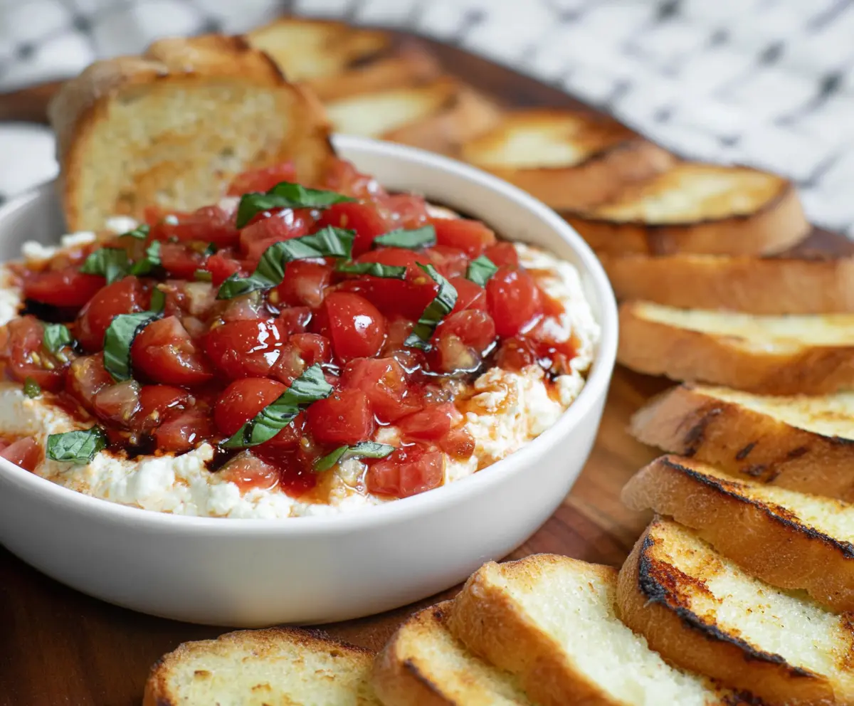 Creamy Caprese Dip with fresh tomatoes, basil, and melted mozzarella cheese served in a bowl.