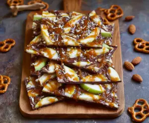 Delicious caramel apple bark with a shiny caramel coating and crunchy apple pieces