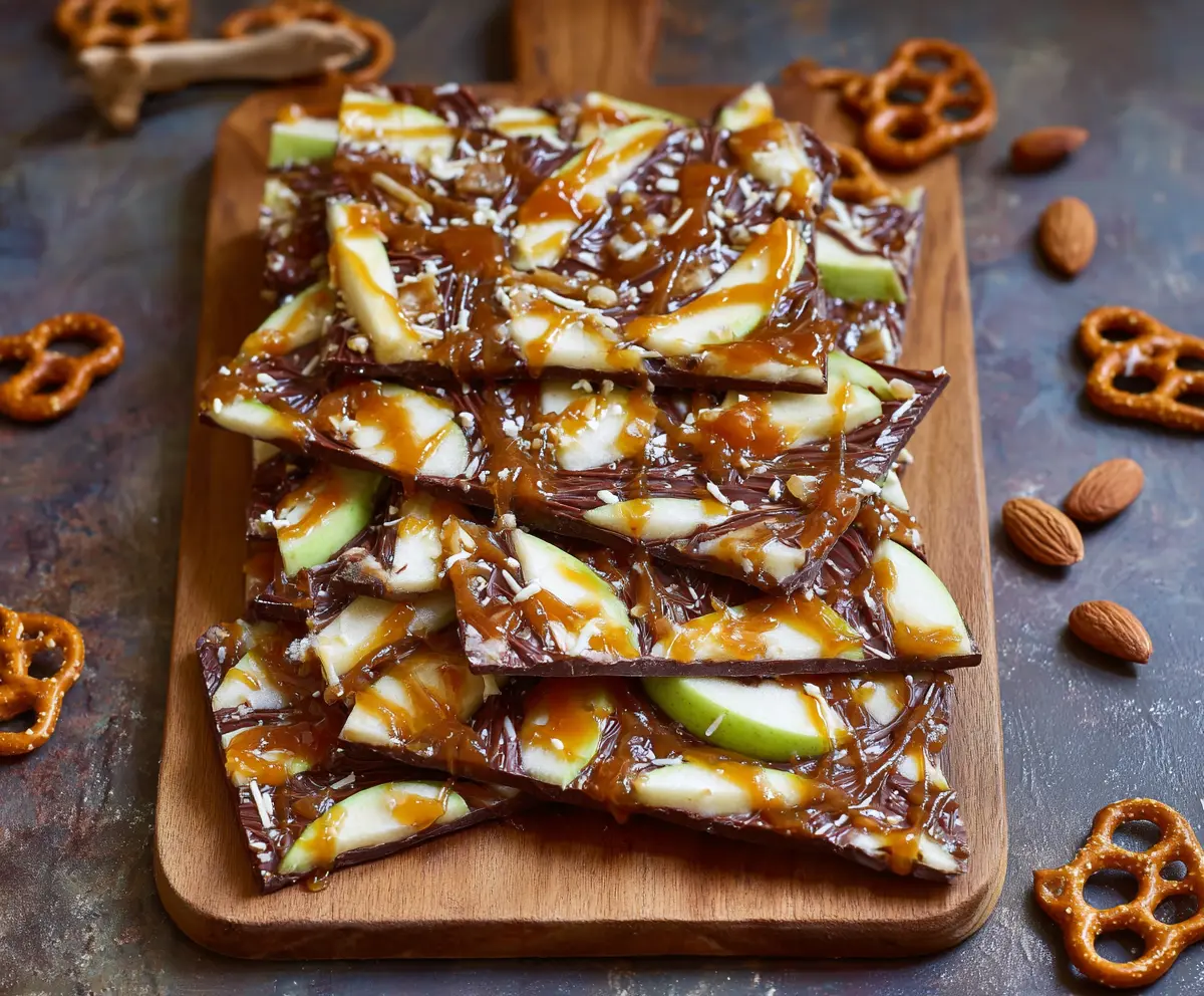 Delicious caramel apple bark with a shiny caramel coating and crunchy apple pieces