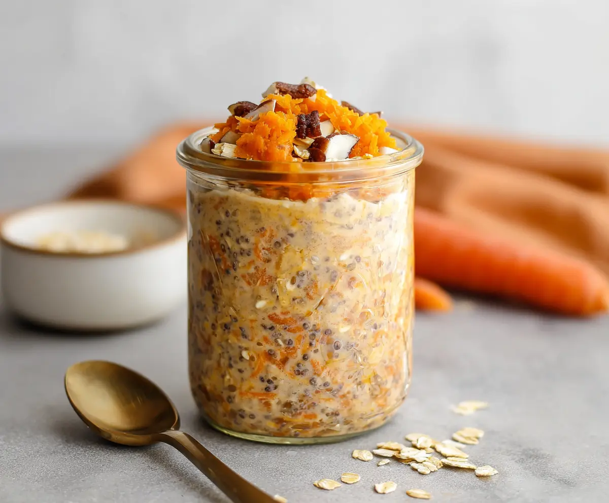 Delicious carrot cake overnight oats topped with shredded carrots and cream cheese frosting.