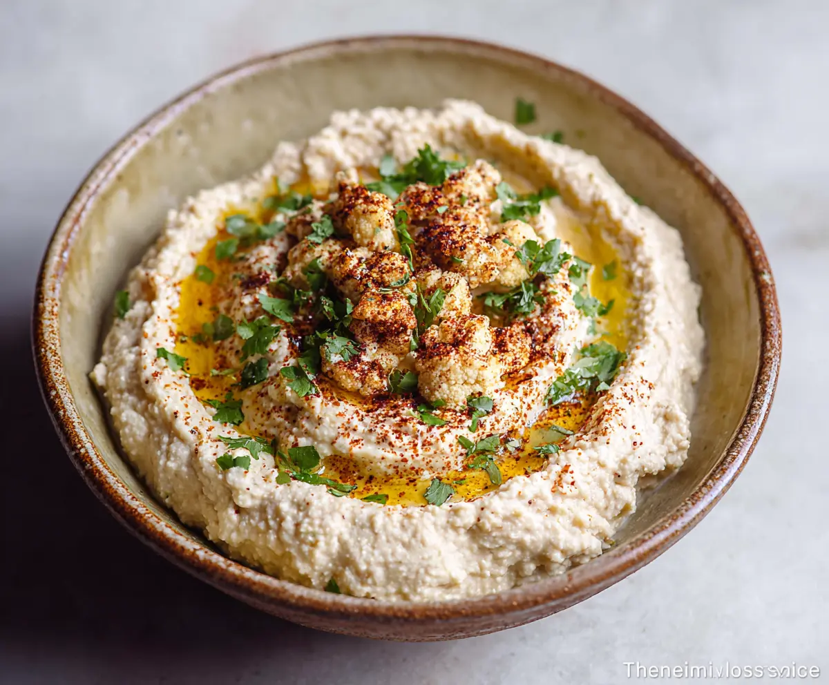Creamy cauliflower hummus served with fresh vegetables and pita bread for a healthy snack
