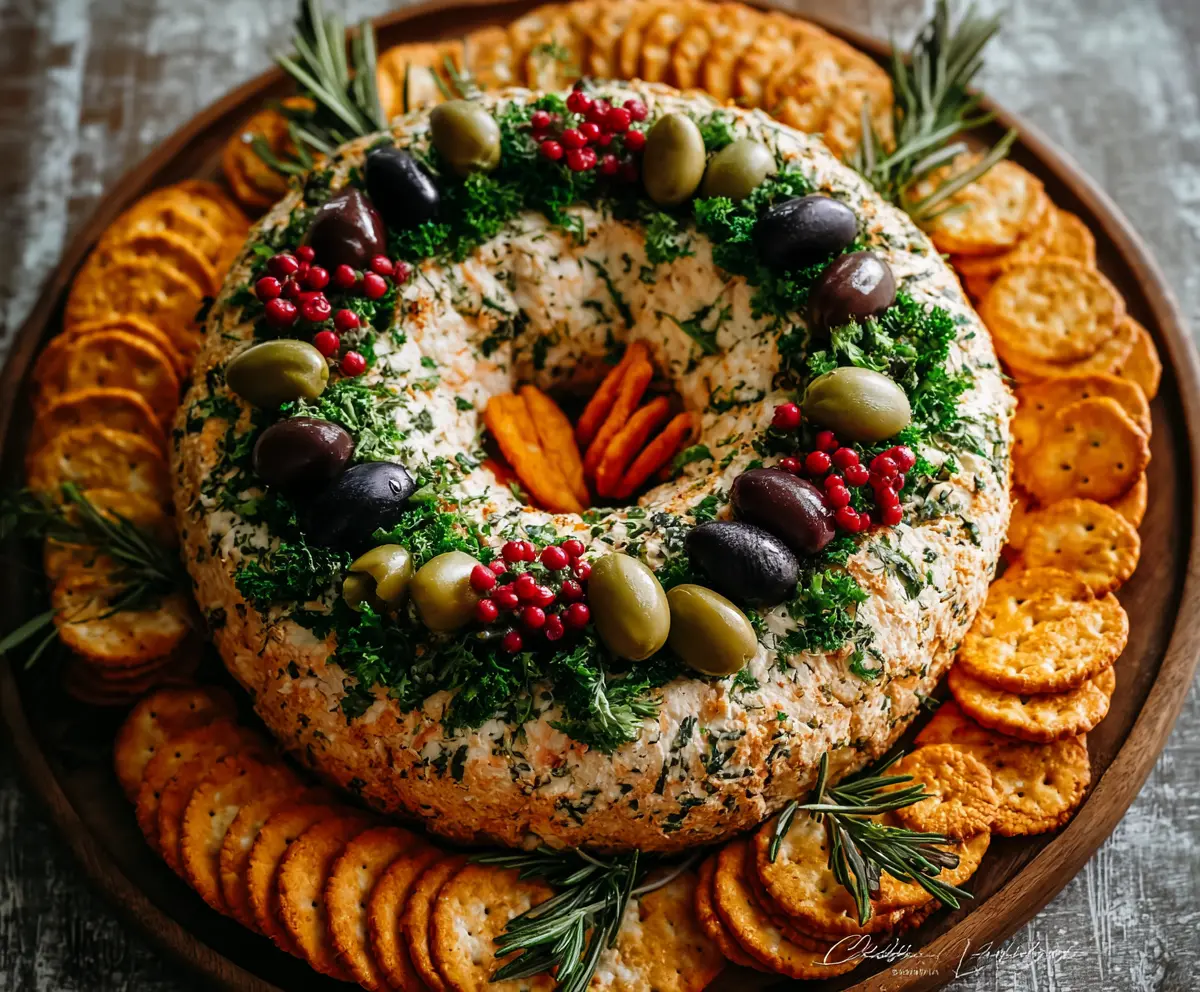 Delicious cheeseball wreath appetizer garnished with herbs and served on a festive plate.