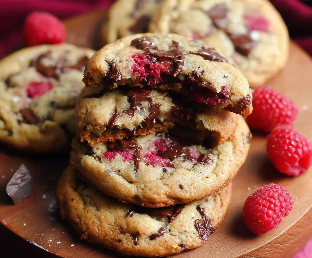 Delicious chewy raspberry chocolate chip cookies fresh out of the oven.