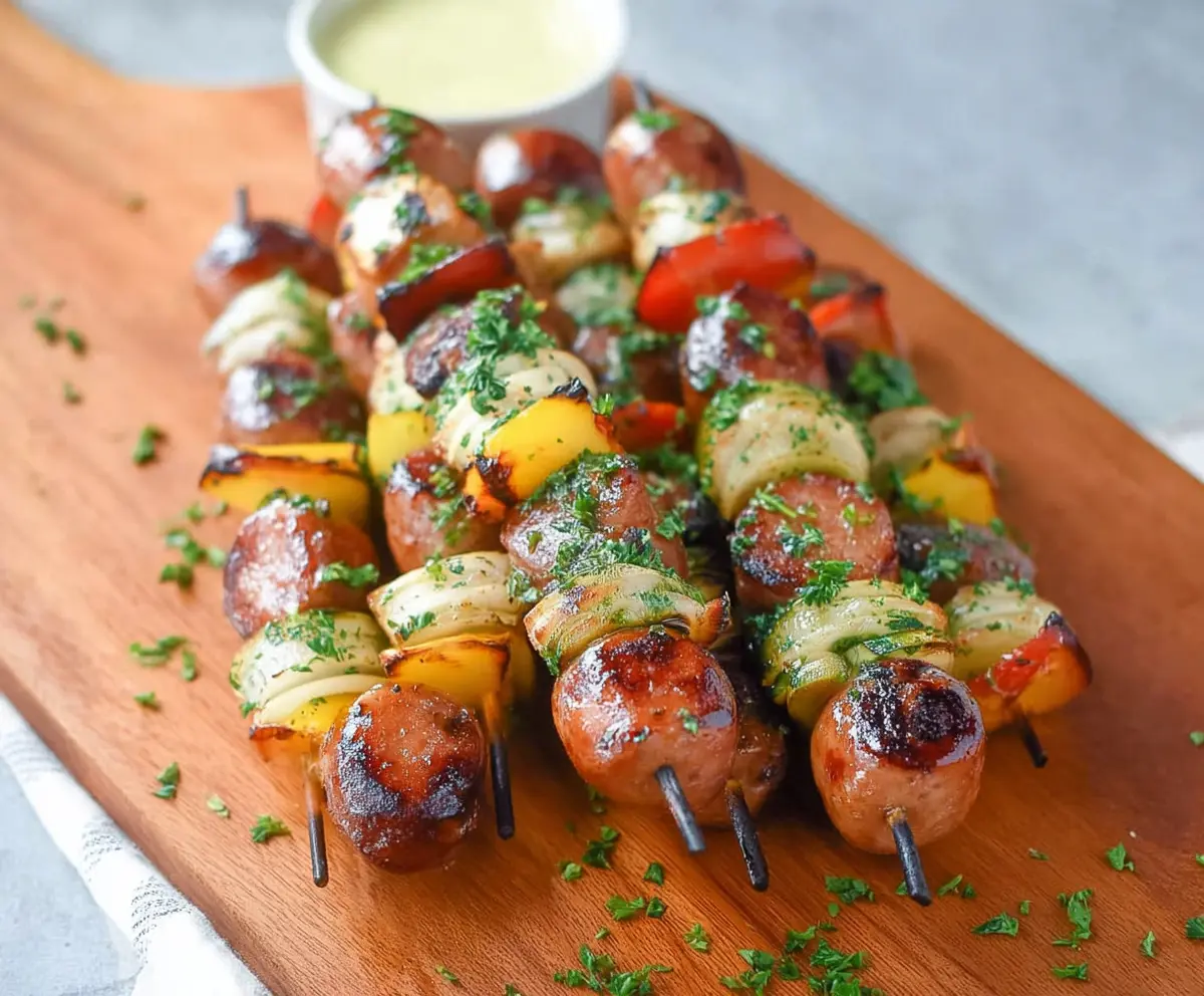 Delicious chicken apple sausage skewers grilled with fresh vegetables for a healthy meal