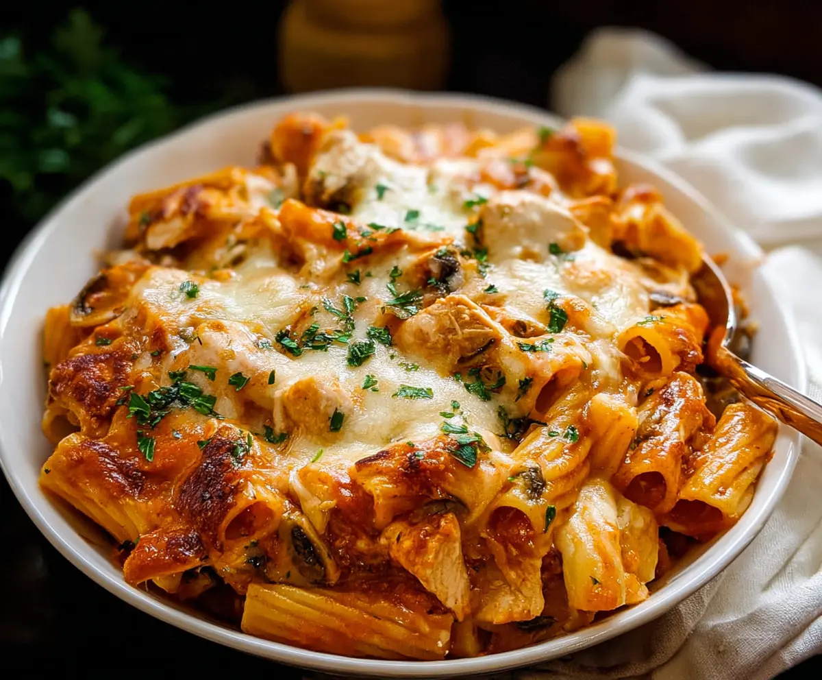 Baked chicken rigatoni pasta with melted cheese and herbs in a baking dish.