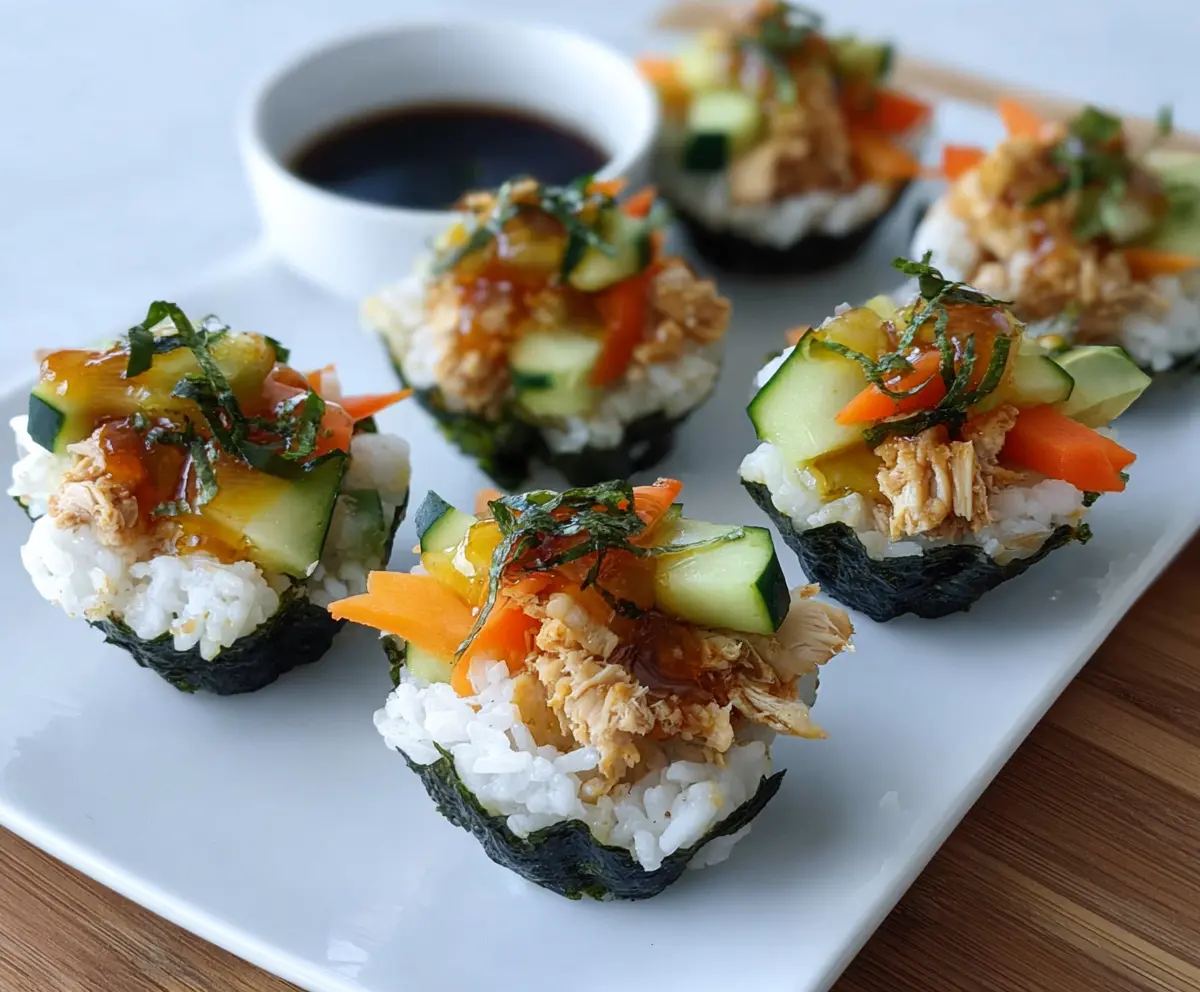 Delicious Chicken Sushi Cups with fresh ingredients and sushi rice, perfect for a quick appetizer or meal.