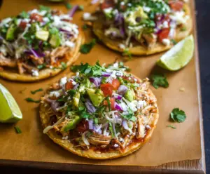 Delicious chicken tostadas topped with fresh vegetables and melting cheese.