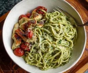 Delicious cilantro chicken and pesto pasta served on a plate, garnished with fresh herbs.