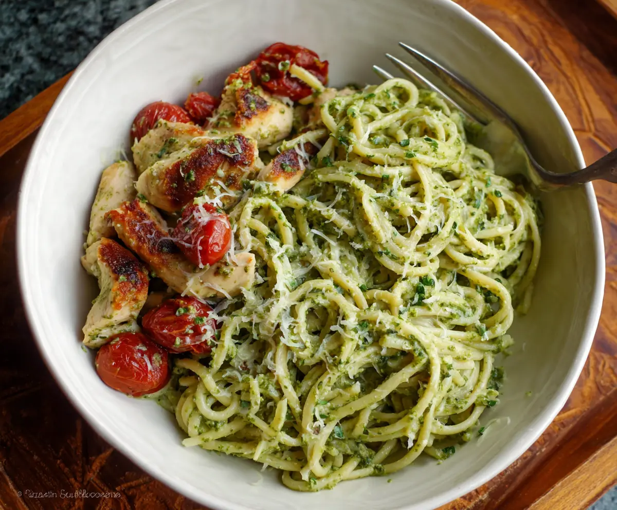 Delicious cilantro chicken and pesto pasta served on a plate, garnished with fresh herbs.