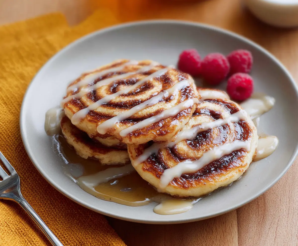Delicious cinnamon swirl pancakes topped with syrup and powdered sugar on a breakfast plate.