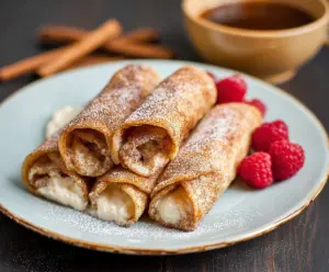 Cinnamon Tortilla Cream Cheese Roll Ups on a plate, garnished with powdered sugar and fresh fruit