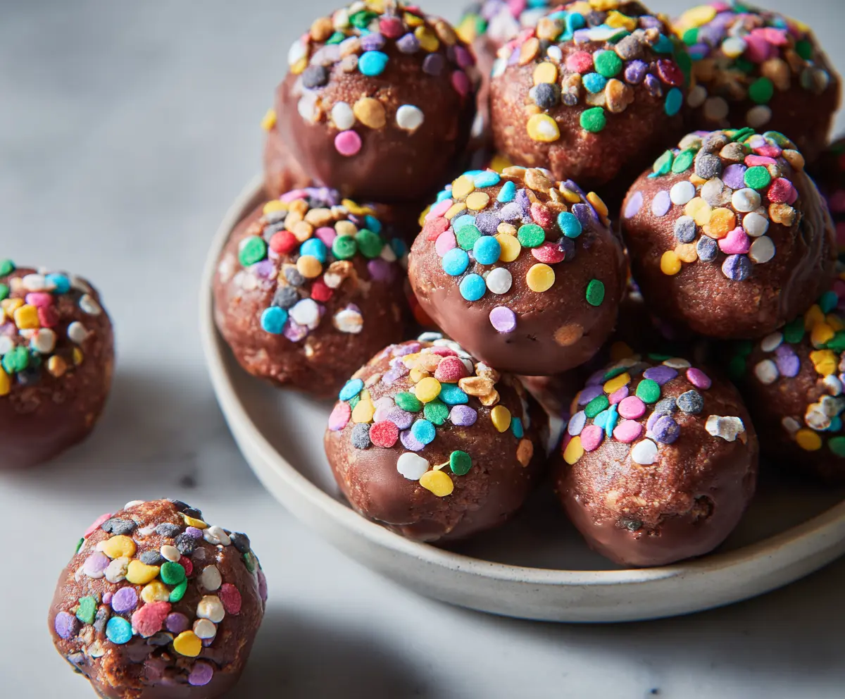 Delicious Cosmic Brownie Protein Bites with rich chocolate and cosmic sprinkles on a white plate.