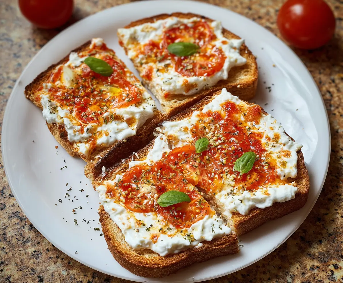 Delicious cottage cheese pizza toast topped with fresh herbs and melted cheese, perfect for a quick snack or meal.
