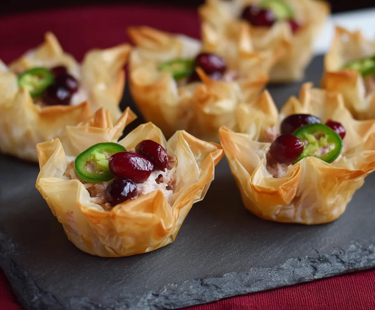 Delicious Cranberry Jalapeno Phyllo Cups filled with vibrant cranberry and spicy jalapenos, perfect for appetizers.