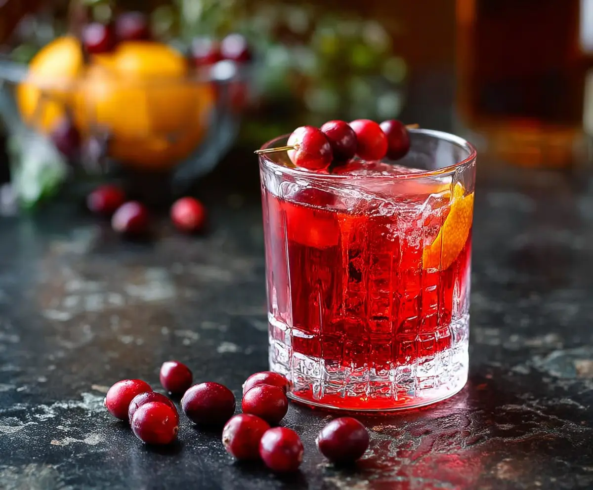 Refreshing Cranberry Negroni cocktail with vibrant red color and garnished with fresh cranberries and orange peel.