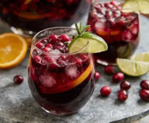 Refreshing cranberry sangria cocktail in a glass garnished with fresh cranberries and citrus slices.
