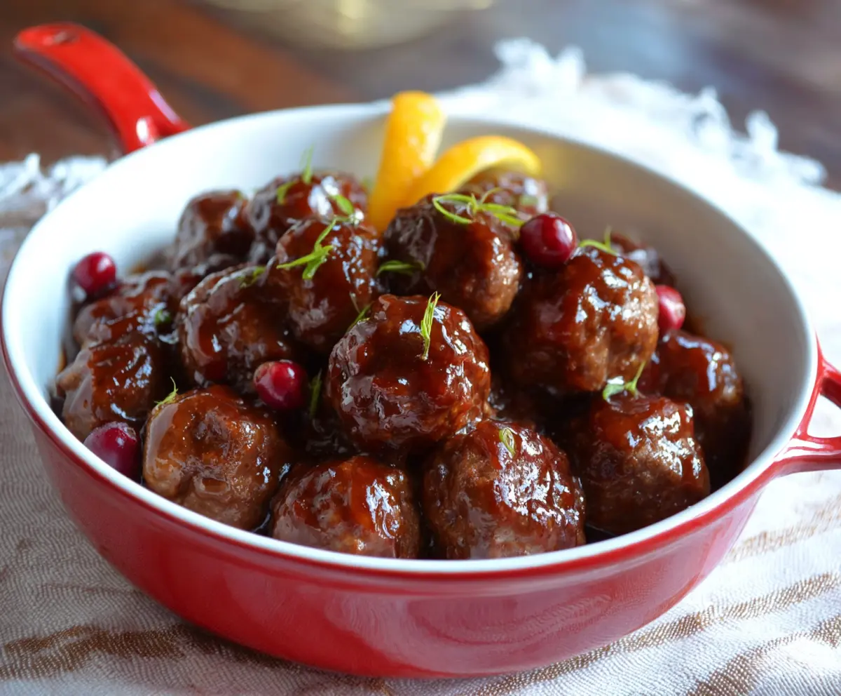 Delicious cranberry sauce meatballs served on a festive plate for a holiday appetizer.