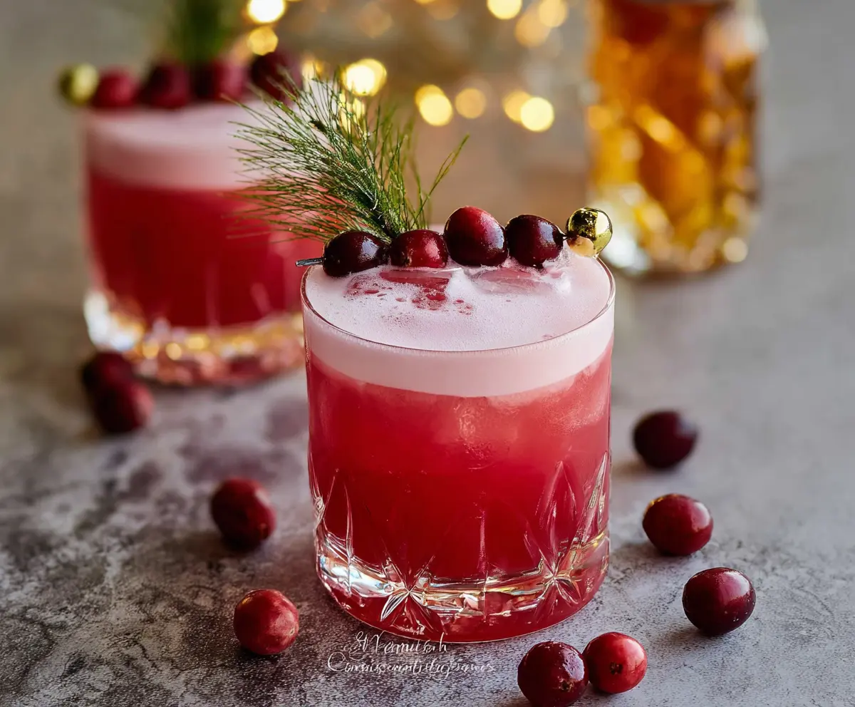 Refreshing Cranberry Whiskey Sour cocktail garnished with fresh cranberries and a lemon slice