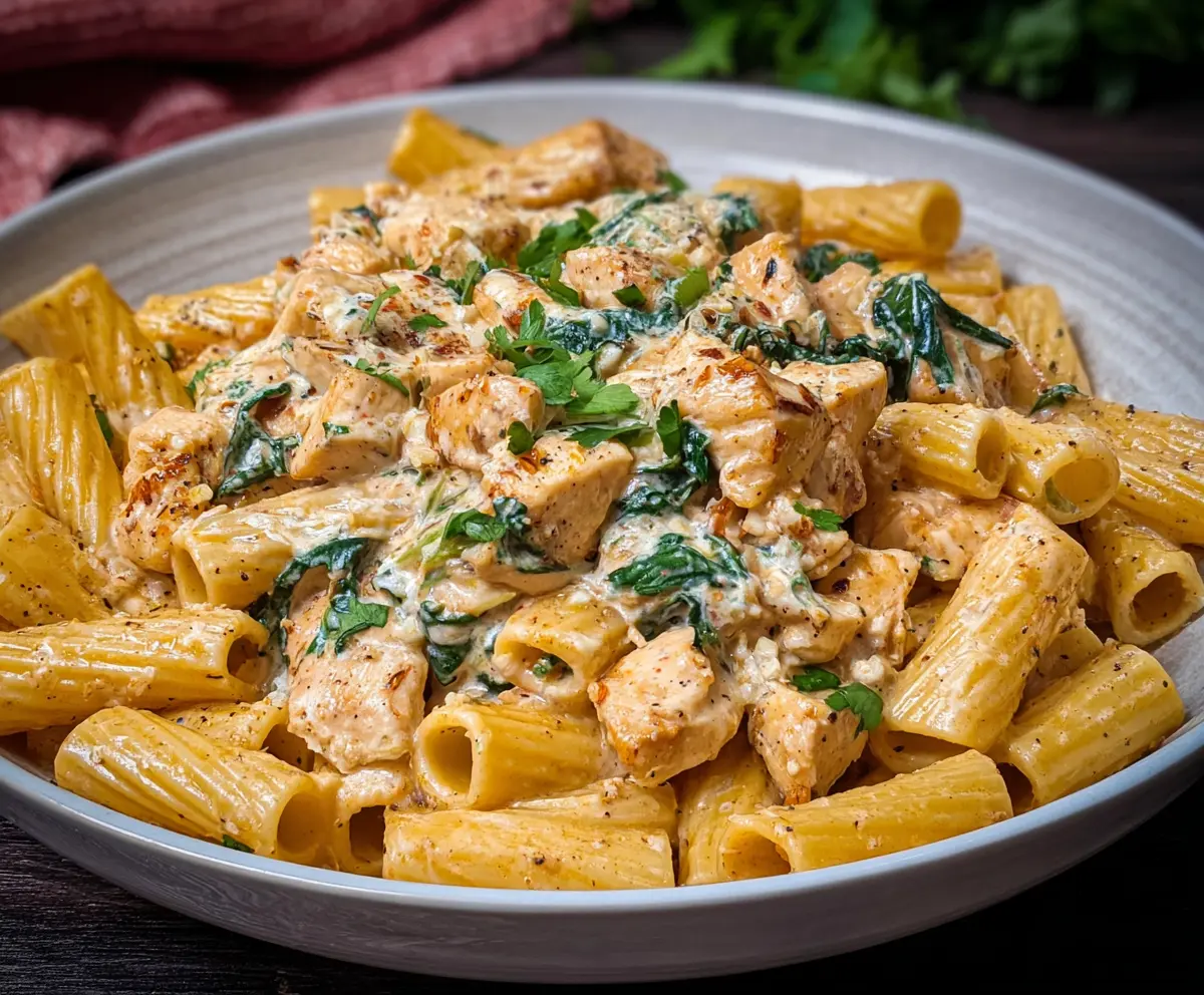 Delicious creamy chicken rigatoni in a rich sauce served on a rustic plate
