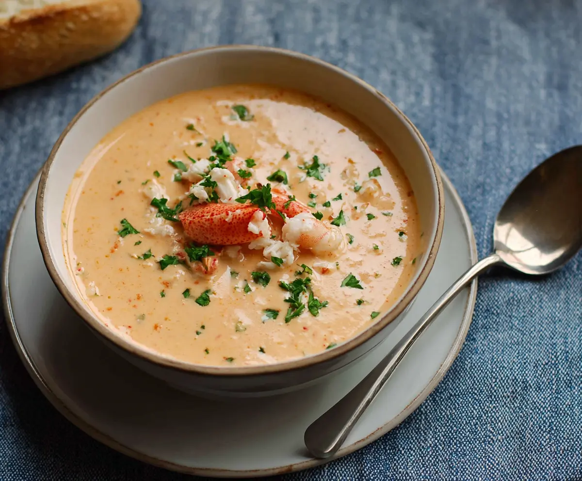 Creamy crab and shrimp seafood bisque served in a bowl with fresh herbs