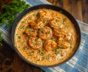 Delicious creamy garlic paprika shrimp served on a plate with fresh herbs.