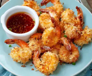 Golden, crispy baked coconut shrimp served with a tangy dipping sauce on a white plate.
