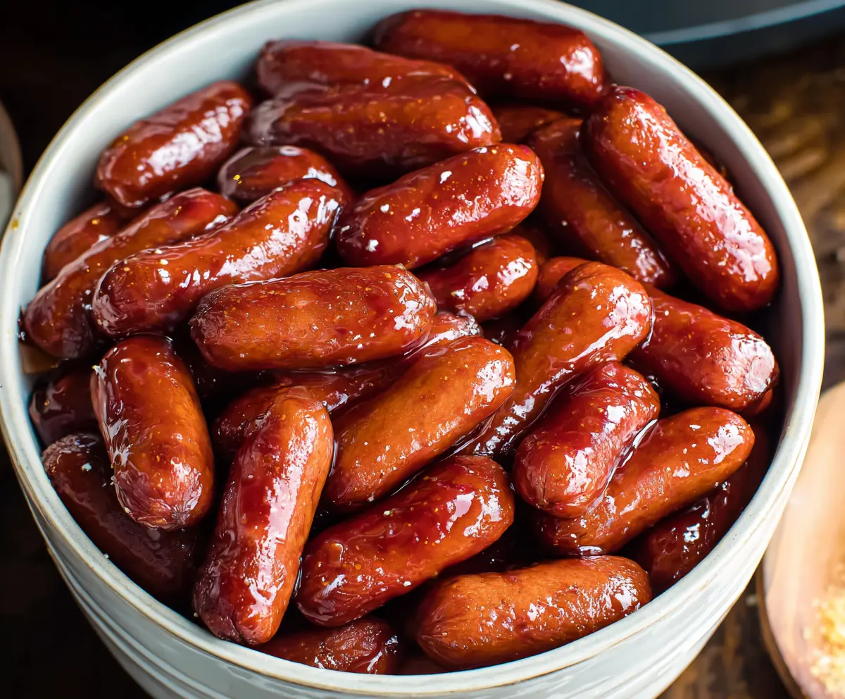 Delicious crockpot Little Smokies featuring juicy sausages in a flavorful sauce, perfect for parties and snacks.