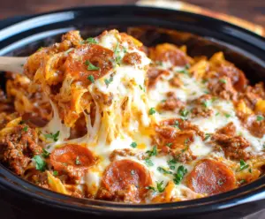 Delicious Crockpot Pizza Casserole with melted cheese, pepperoni, and fresh vegetables in a slow cooker.