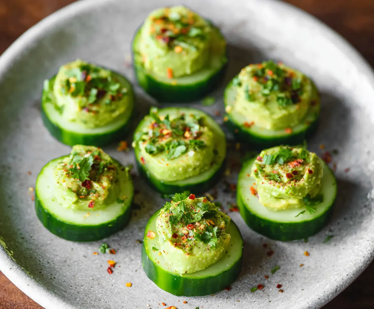 Fresh cucumber and creamy avocado bites garnished with herbs, perfect for healthy snacking.