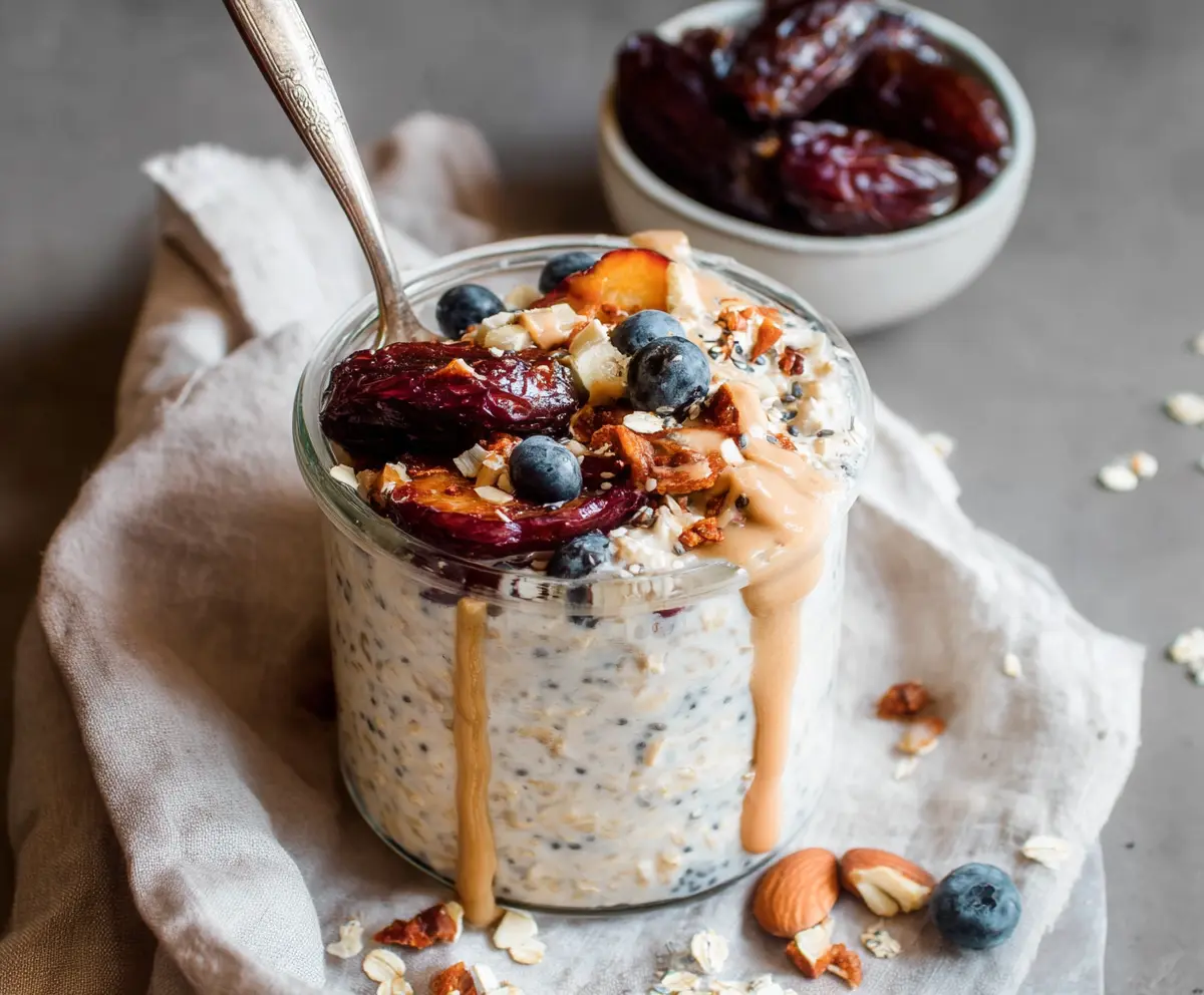 Creamy Date and Tahini Overnight Oats in a glass jar with chia seeds and sliced almonds