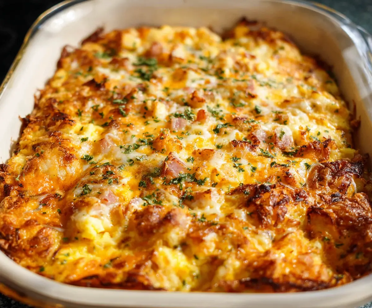 Delicious Egg and Hashbrown Casserole featuring golden hashbrowns and fluffy scrambled eggs, perfect for breakfast or brunch.