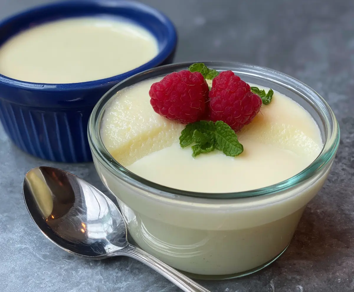 Creamy egg white pudding topped with fresh berries and mint for a healthy dessert
