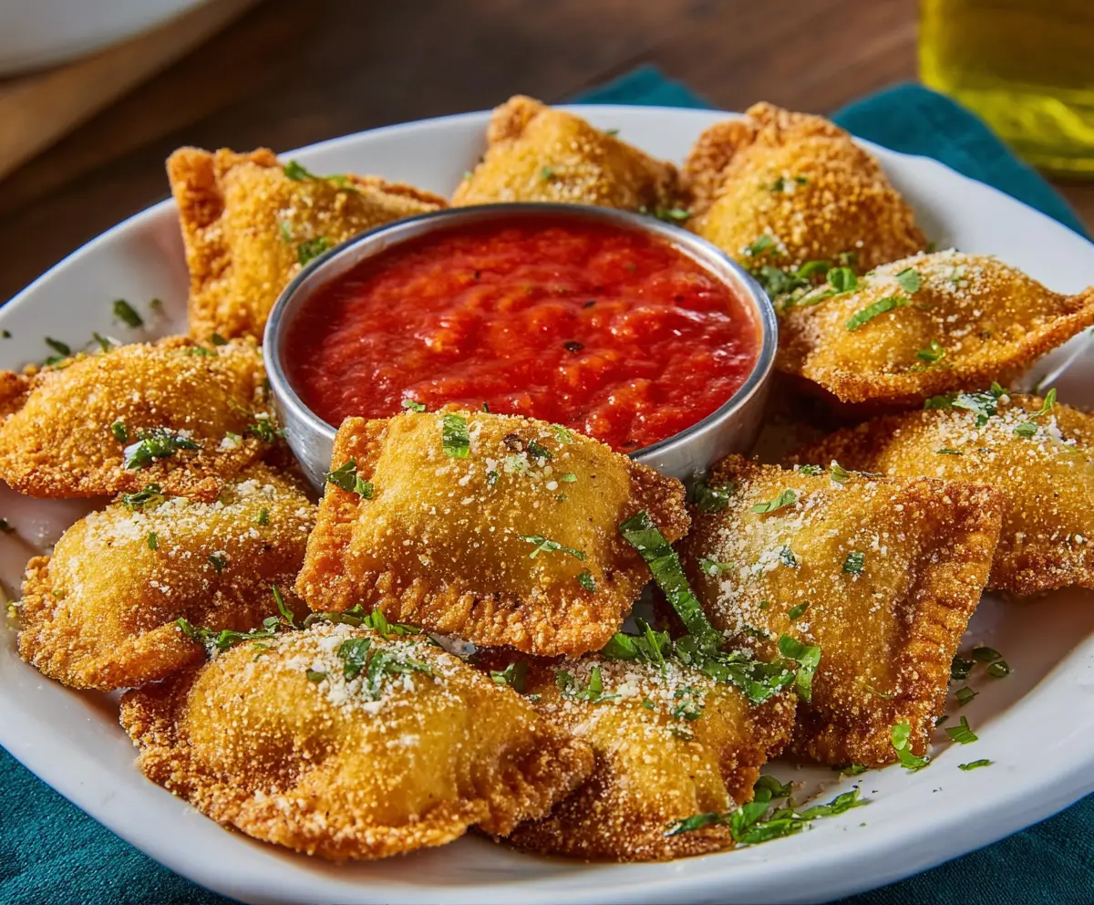 Crispy fried ravioli with golden breading served with dipping sauce on a plate.