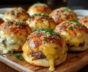 Golden Garlic Parmesan Cheeseburger Bombs with melted cheese and crispy exterior ready to serve.