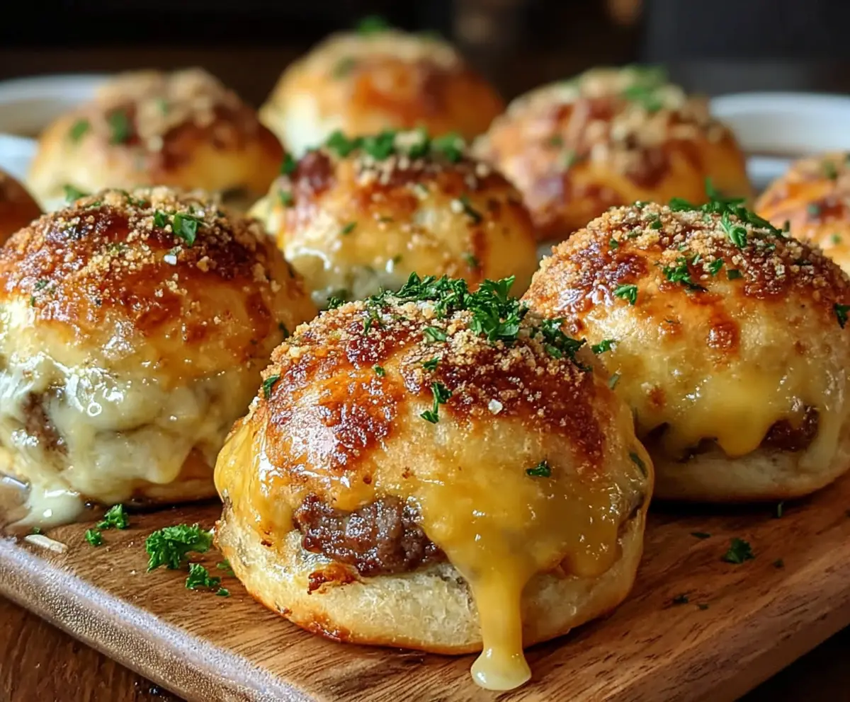 Golden Garlic Parmesan Cheeseburger Bombs with melted cheese and crispy exterior ready to serve.
