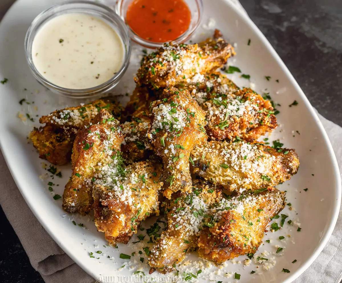 Delicious garlic Parmesan wings arranged on a plate, seasoned with fresh herbs and cheese.