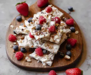 Healthy Greek Yogurt Protein Bark with nuts and honey on a wooden table