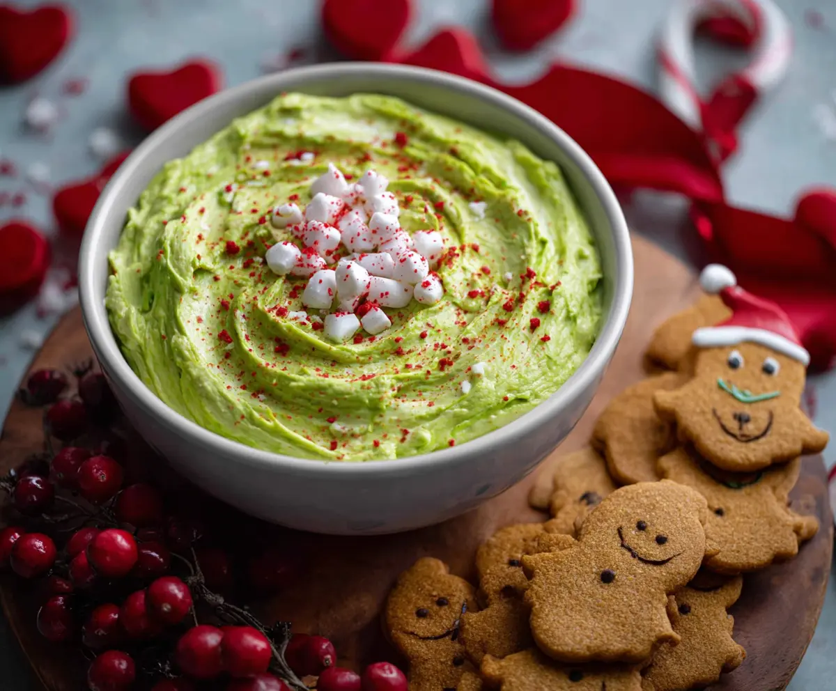 Festive Grinch Dip in a decorative bowl with green icing and holiday sprinkles for a Christmas party.